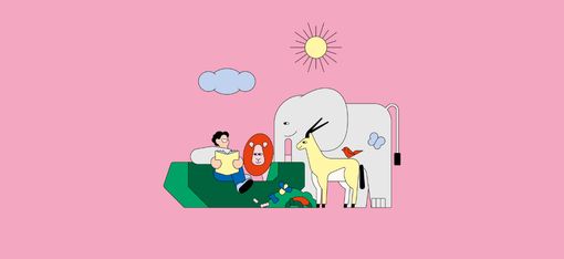 Illustration on a pink background of an elephant, gazelle, lion and other creatures listening to a person, who is sat on a green geometric shape, reading, under a cloud and sun.