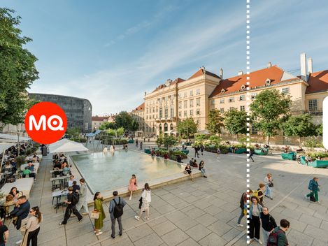 Blick über den belebten Haupthof des MuseumsQuartiers Wien mit Wasserbecken, Besucher:innen und historischen Gebäuden.