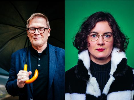 Two portraits side by side, left a person with short hair and dark suit in front of a dark background with umbrella, right a person with curly hair and white fur collar in front of green background