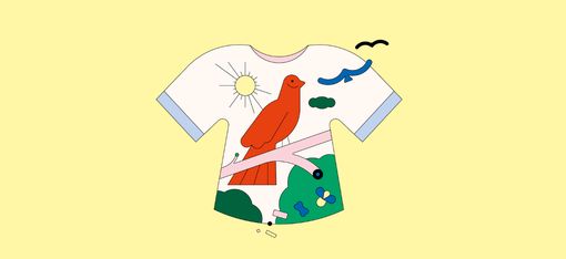 Illustration on a yellow background of a t-shirt with a sun, two flying birds and a red bird on a branch above green bushes.