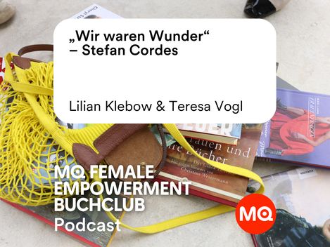Stack of books with yellow net bag and text about a female empowerment podcast with Lilian Klebow and Teresa Vogl