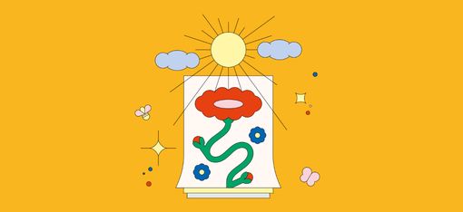 Illustration on a yellow background of a red flower on sheets of paper with a shining sun, stars and other small shapes.