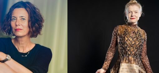 Two women, left with short curly hair wearing a black top, right in a patterned long-sleeve dress against a black background