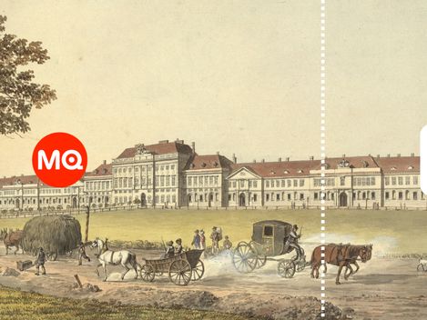 Historische Illustration des Areals des heutigen MuseumsQuartiers mit Kutschen, Pferden und barocken Gebäuden.