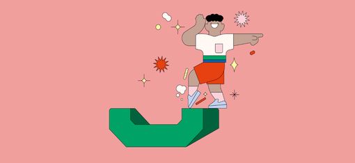 Illustration on a pink background of a smiling kid in a colourful outfit dancing on a geometric shape surrounded by stars and sun and other small shapes.