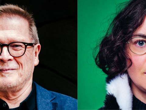 Two portraits side by side, left a person with short hair and dark suit in front of a dark background with umbrella, right a person with curly hair and white fur collar in front of green background