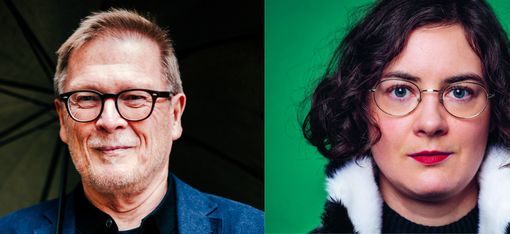Two portraits side by side, left a person with short hair and dark suit in front of a dark background with umbrella, right a person with curly hair and white fur collar in front of green background