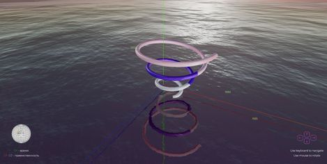 Several spiral rings of different sizes and colors floating above a water surface with reflections.
