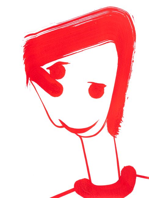 Red line drawing of a stylized face with short hair and a long neck on a white background.