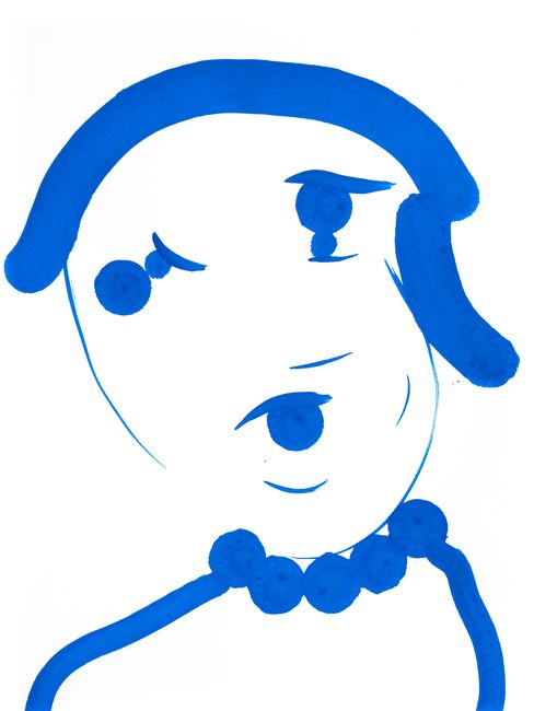 Abstraktes Bild mit kräftigen blauen Pinselstrichen, die auf weißem Hintergrund eine abgerundete Form bilden. Die fließenden Linien und Kurven suggerieren Bewegung und Energie.