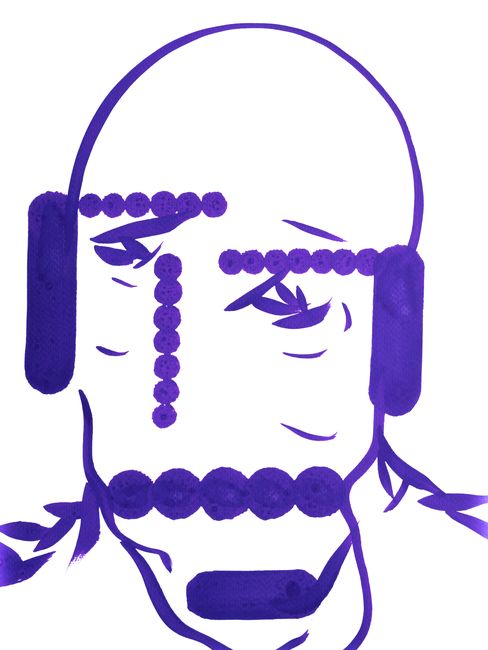 Abstract face illustration in purple, with bold lines and dots forming eyes, nose, and mouth. The expression is minimalistic and thoughtful.