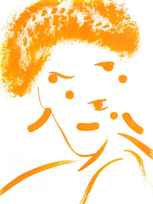Abstract portrait with rough orange brushstrokes depicting a face with curly hair, dots, and large earrings.