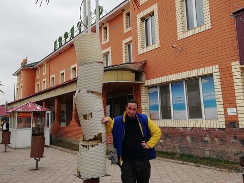 Person leaning against a streetlight with an artificial palm tree in front of a multi-story brick building with large windows.