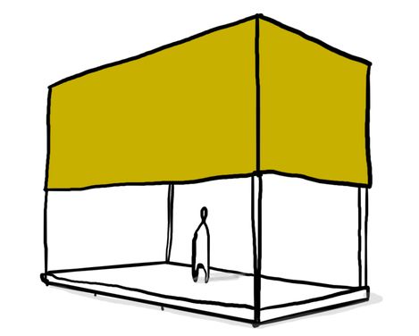 Skizze eines großen, offenen Würfels mit einer gelben oberen Fläche und einer kleinen, stehenden menschlichen Figur darin sowie dem Text 'PERFORMANCE: THINKING OUTSIDE THE BOX FROM INSIDE THE BOX'