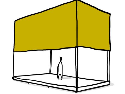 Skizze eines großen, offenen Würfels mit einer gelben oberen Fläche und einer kleinen, stehenden menschlichen Figur darin sowie dem Text 'PERFORMANCE: THINKING OUTSIDE THE BOX FROM INSIDE THE BOX'