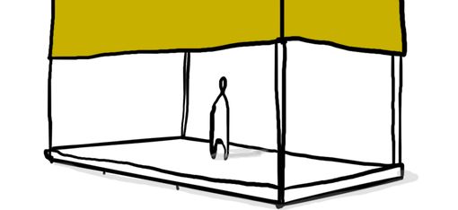 Skizze eines großen, offenen Würfels mit einer gelben oberen Fläche und einer kleinen, stehenden menschlichen Figur darin sowie dem Text 'PERFORMANCE: THINKING OUTSIDE THE BOX FROM INSIDE THE BOX'