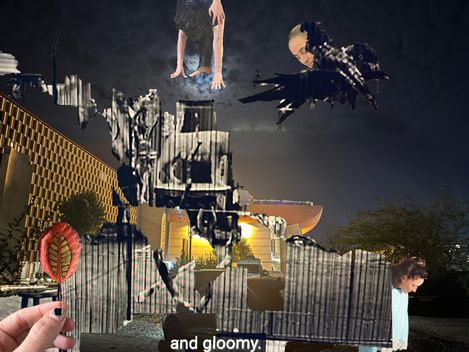 Collage aus einer Hand, die ein Blatt hält, einer Person, die kopfüber hängt, einer Person mit schwarzer Kleidung, einem beleuchteten Gebäude und dem Textfragment 'and gloomy'