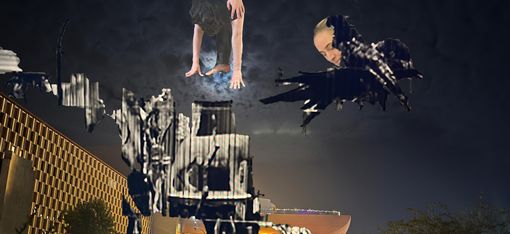 Collage showing a hand holding a leaf, a person hanging upside down, a person in black clothing, an illuminated building, and the text fragment 'and gloomy'