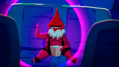 Red garden gnome with white beard and bleeding nose sitting on a couch holding a popcorn container.