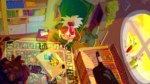 Colorful animated scene showing two characters in a brightly lit living room, one sitting in an armchair and the other on a sofa.