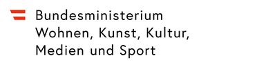 Logo des Bundesministeriums für Wohnen, Kunst, Kultur, Medien und Sport mit rotem Symbol links