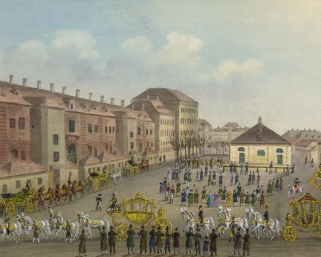 Aquarell des MQ Innenhofs von Balthasar Wiegand aus dem Jahr 1834.