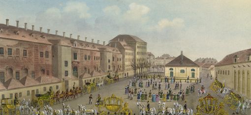 Aquarell des MQ Innenhofs von Balthasar Wiegand aus dem Jahr 1834.