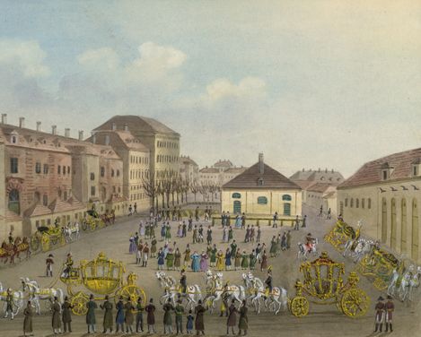 Historical depiction of the imperial stables in Vienna with multiple gilded carriages and numerous people in the courtyard