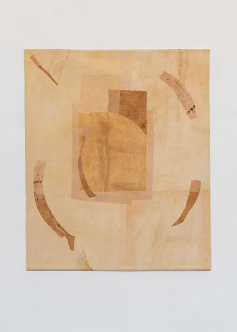 Large-scale abstract work in warm natural tones with layered shapes.