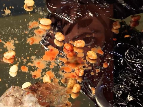 Close-up of peanuts and crushed ice on a reflective surface with a person in the background.