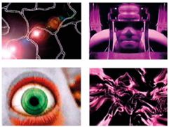Four square sections show a glowing cell with nerve fibers, a face wearing a VR headset, a close-up of an eye, and two hands touching in a surreal depiction.