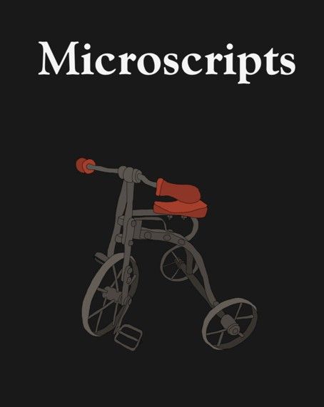 Minimalist illustration of a vintage tricycle with red accents on a black background.