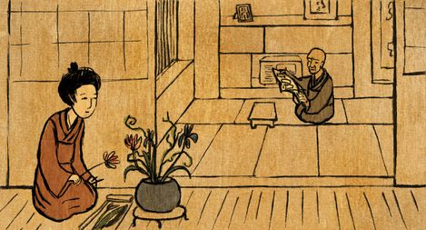 Traditional Japanese interior scene with a woman in kimono arranging flowers and a seated man reading a book.