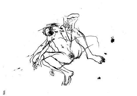 Black-and-white line drawing of a naked person lying down with bent legs and crossed arms.
