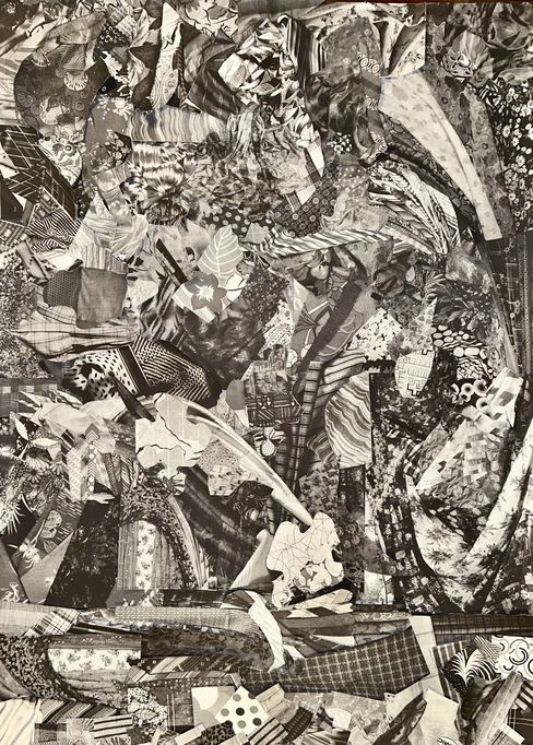 Black-and-white collage of various fabric patterns and textiles arranged irregularly.