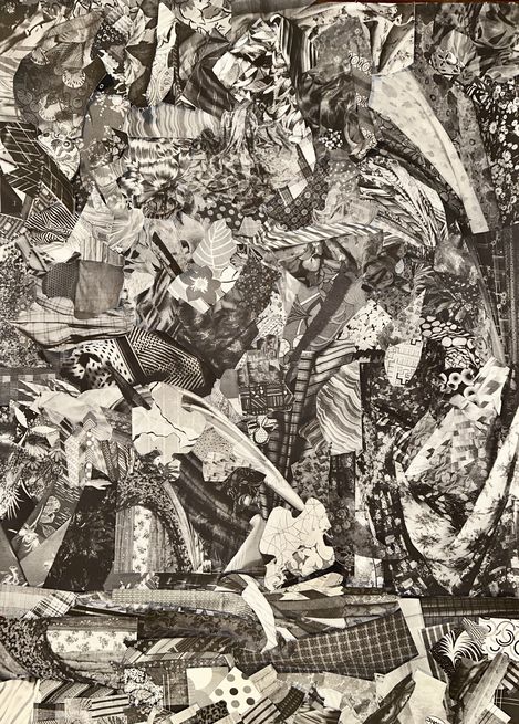 Black-and-white collage of various fabric patterns and textiles arranged irregularly.
