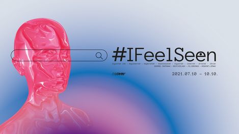 Pink abstract human bust against blue background with search bar and text "#IFeelSeen" plus date range.