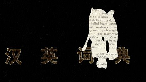 Black background with gold Chinese characters and a white cat silhouette filled with dictionary text.