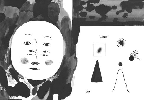 Abstract black-and-white composition with organic shapes on the left and geometric symbols on the right on a white background