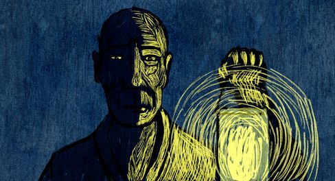 Dark drawing of a man holding a glowing lantern emitting circles of light.