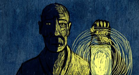 Dark drawing of a man holding a glowing lantern emitting circles of light.