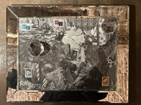 Black-and-white collage showing a woman in a patterned dress surrounded by various postage stamps in a silver frame.