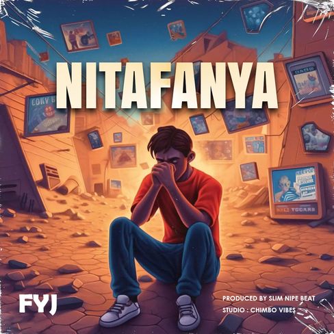 Young man sitting on the ground with head down and arms crossed in a rubble-strewn street, houses and televisions in the background, with the word "NITAFANYA" above.