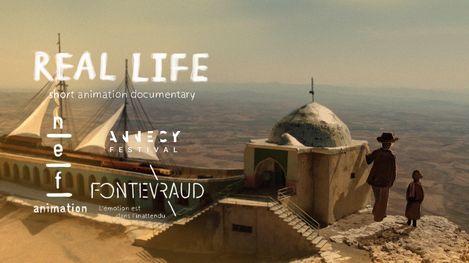 Two figures stand beside a small domed building on a cliff overlooking a vast valley.