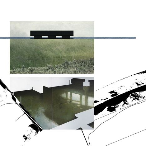 Schwarz-weiße Linienzeichnung eines Gebäudes mit zwei Fotos, die das Gebäude in einer grünen Wiesenlandschaft und dessen Spiegelung in Wasser zeigen.