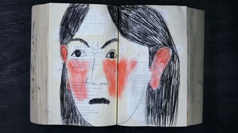 Open book with a roughly drawn black-and-white face illustration featuring red cheeks and ears.