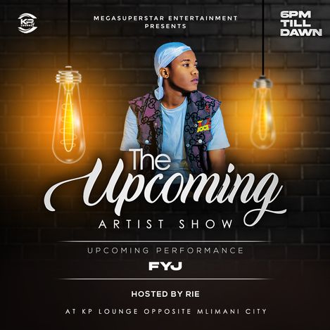 Person wearing a blue headscarf and patterned vest in front of a brick wall with two hanging light bulbs and text about an artist event.