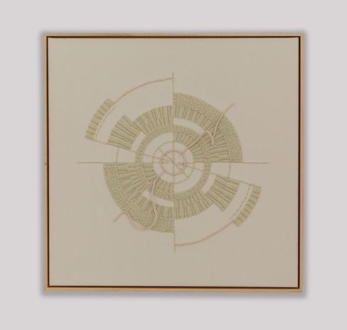 Artwork with a spiral textile pattern made of threads on a light background.