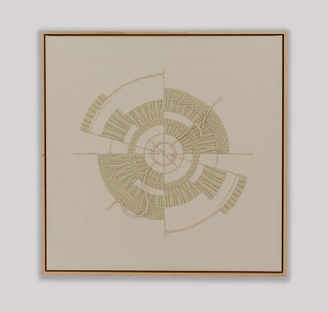 Artwork with a spiral textile pattern made of threads on a light background.