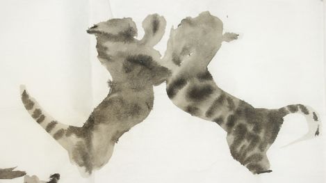 Two cats facing each other in a black-and-white ink painting.